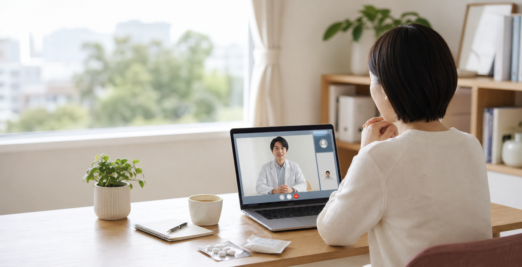 海外生活中に自宅から日本語で医師へオンライン相談している様子